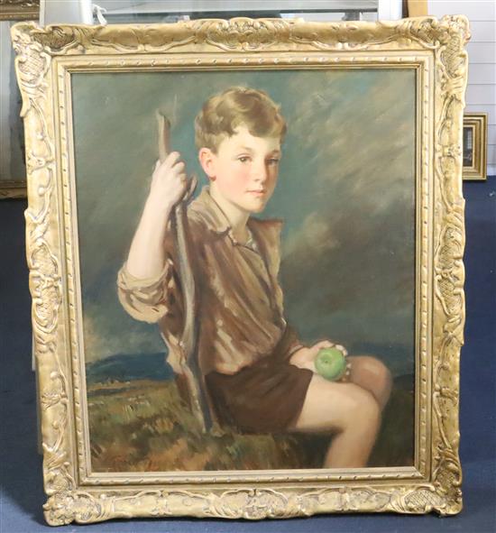 Louis Ginnett (1875-1946) Portrait of a boy holding an apple 29.5 x 24.5in.